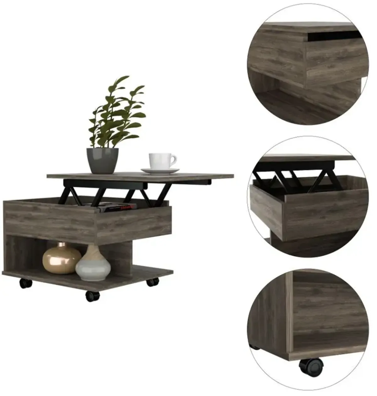 DEPOT E-SHOP Babel Lift Top Coffee Table, Countertop, Caster Wheels, One Shelf - Dark Brown, For Living Room