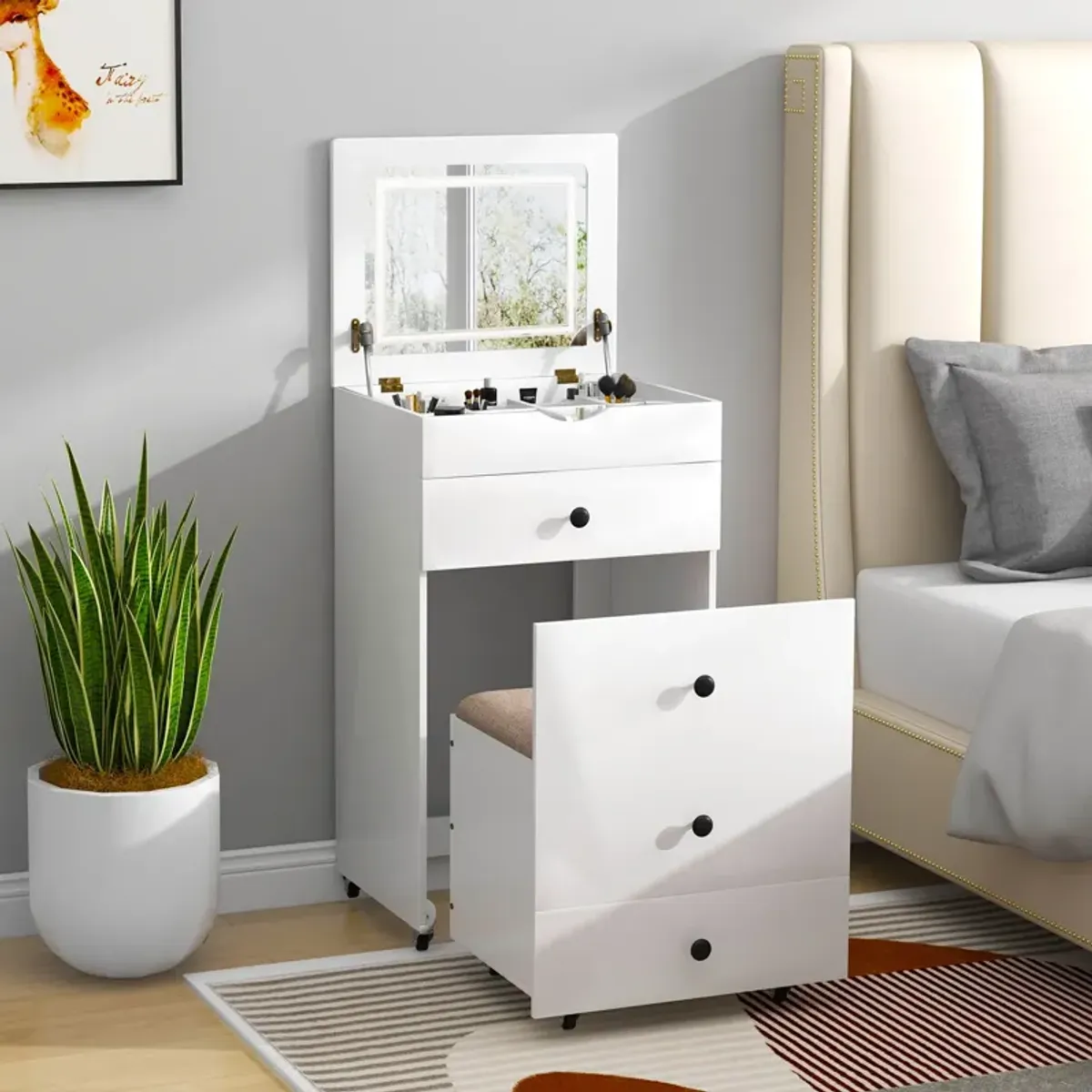 3-in-1 Vanity Set with Cushioned Stool and Flip-Up Mirror for Stylish Bedroom or Dressing Area