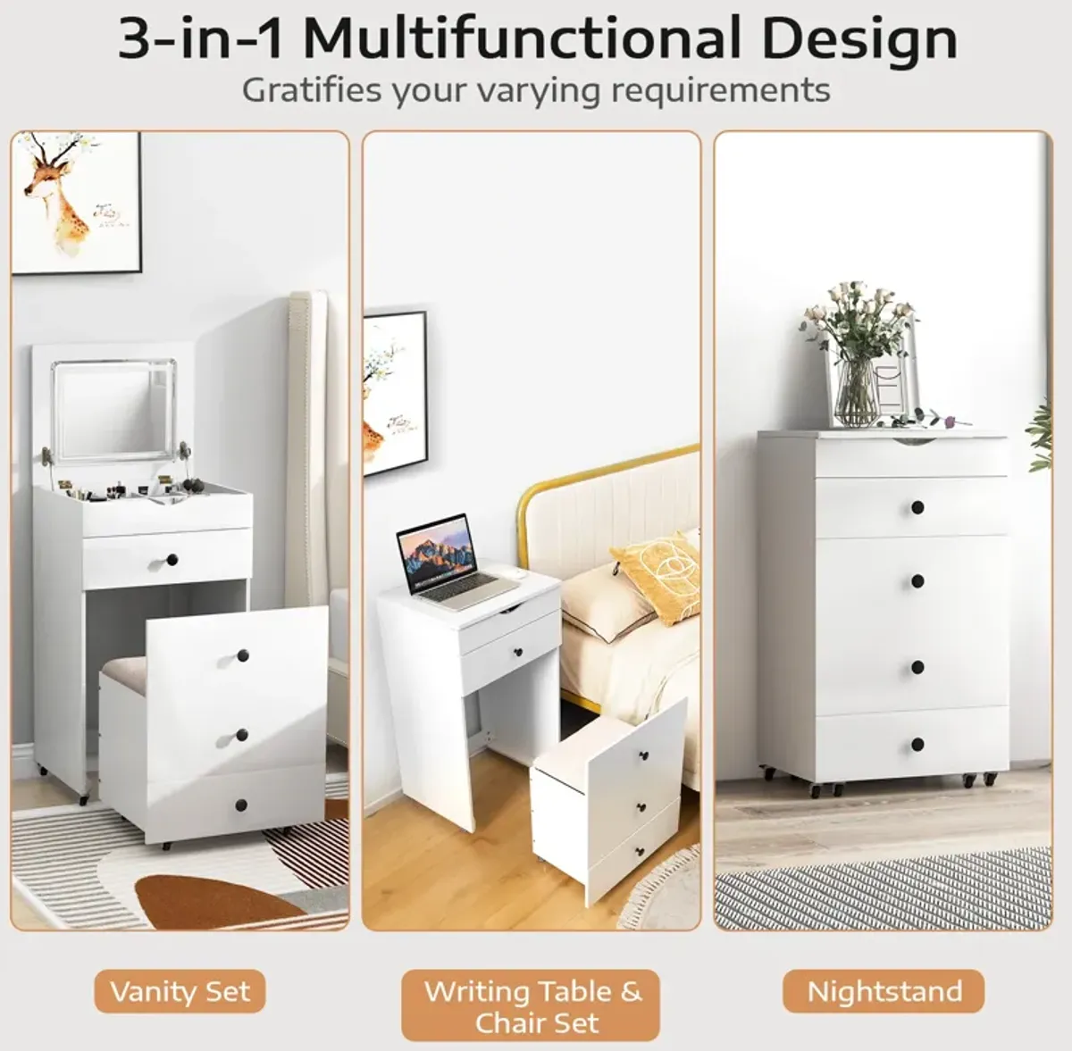 3-in-1 Vanity Set with Cushioned Stool and Flip-Up Mirror for Stylish Bedroom or Dressing Area