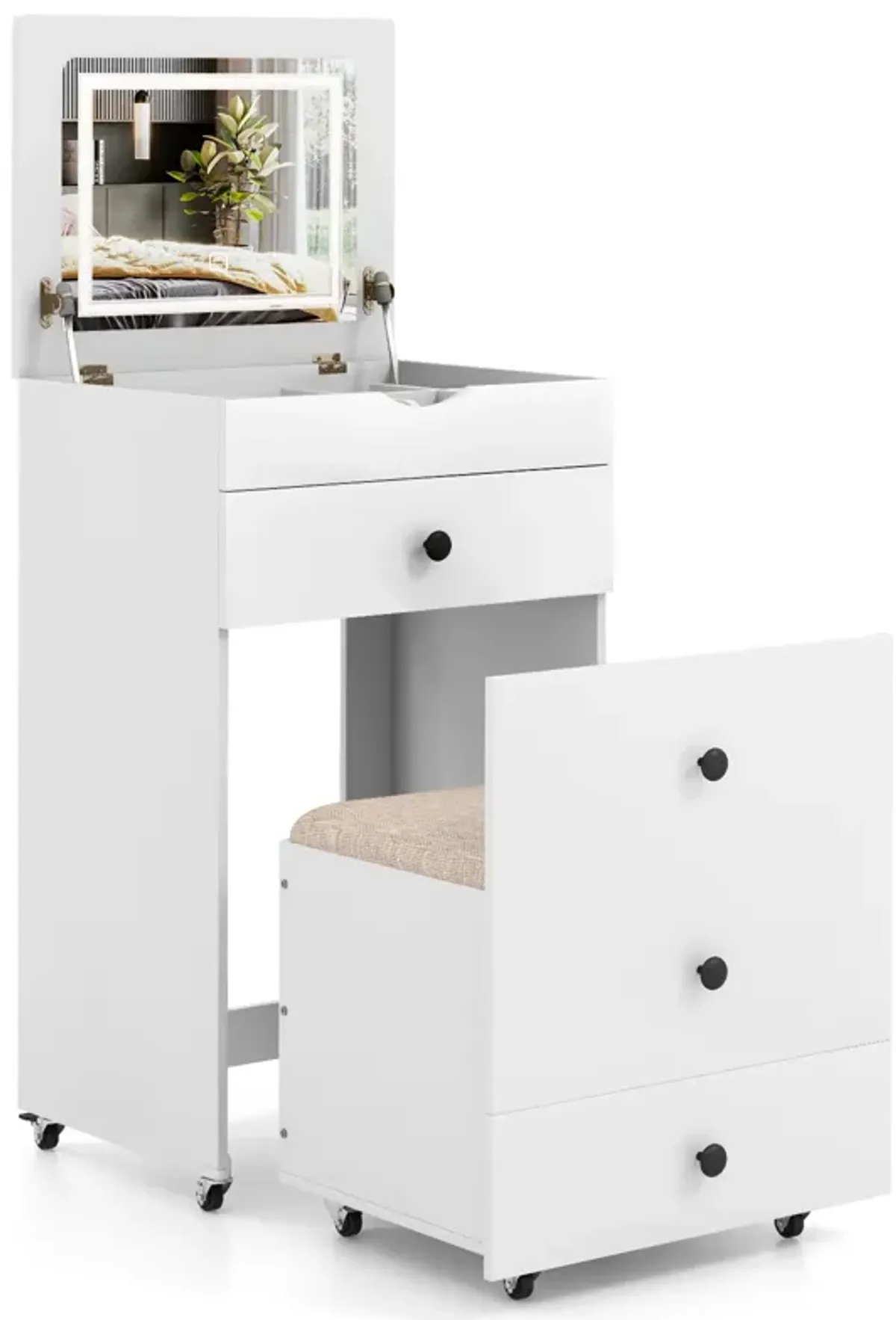 3-in-1 Vanity Set with Cushioned Stool and Flip-Up Mirror for Stylish Bedroom or Dressing Area