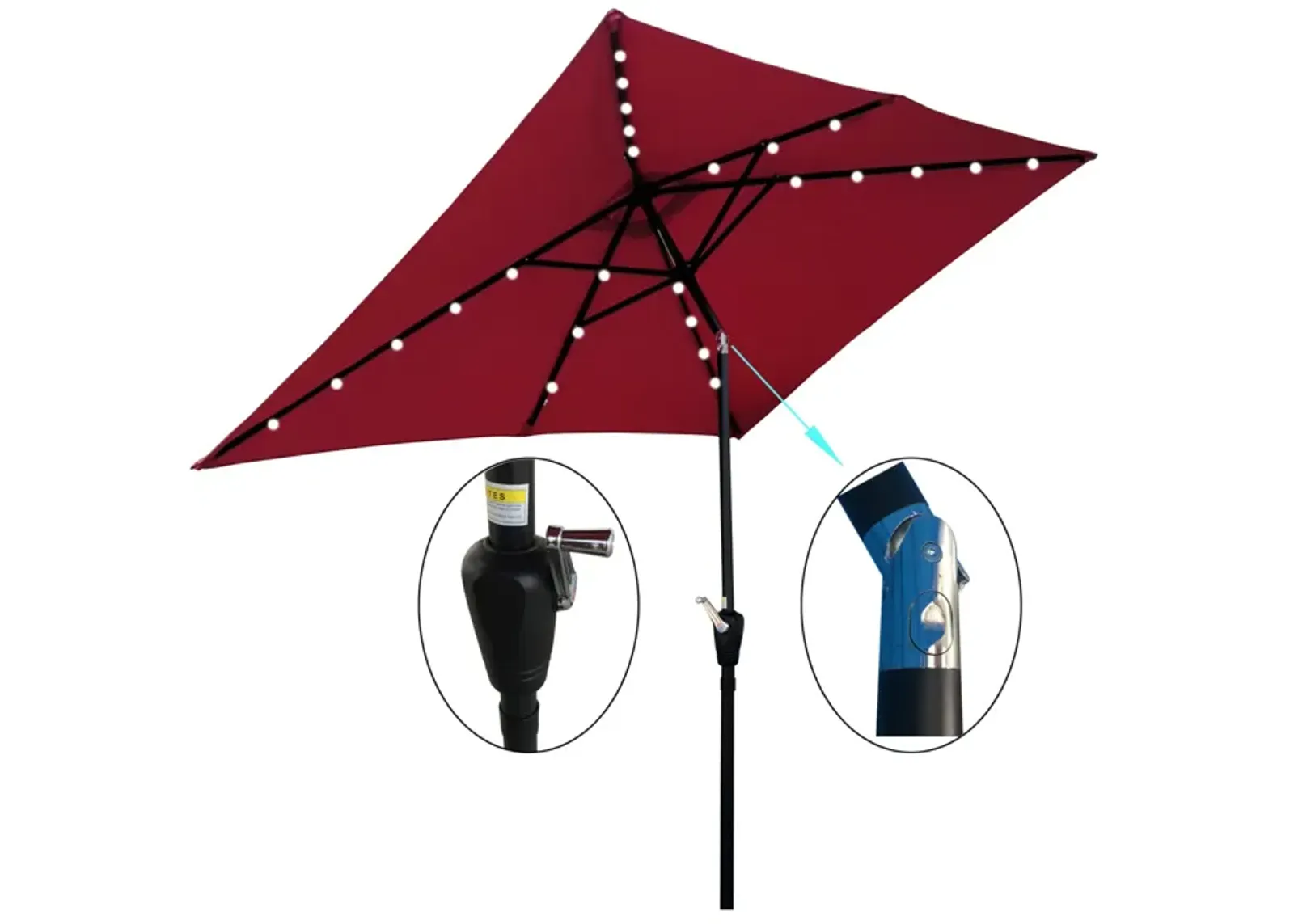 10 X 6.5FT Rectangular Patio Solar LED Lighted Outdoor Umbrellas With Crank And Push Button