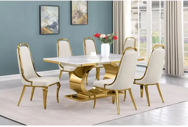 7pc Small(68") marble top dining set with gold base and 6 Cream side chairs