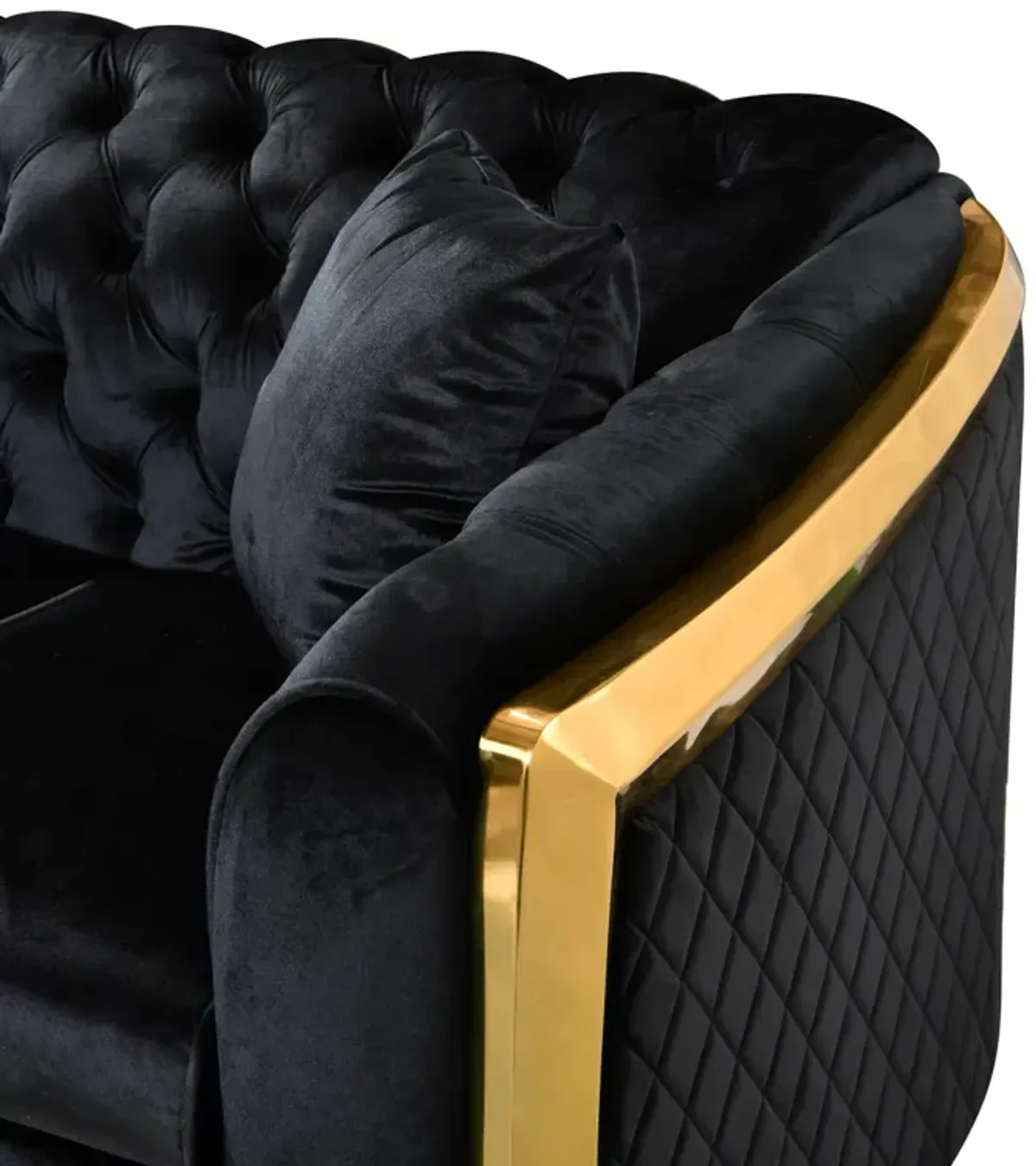 Tufted Velvet Sofa Set, Black with Gold Stainless