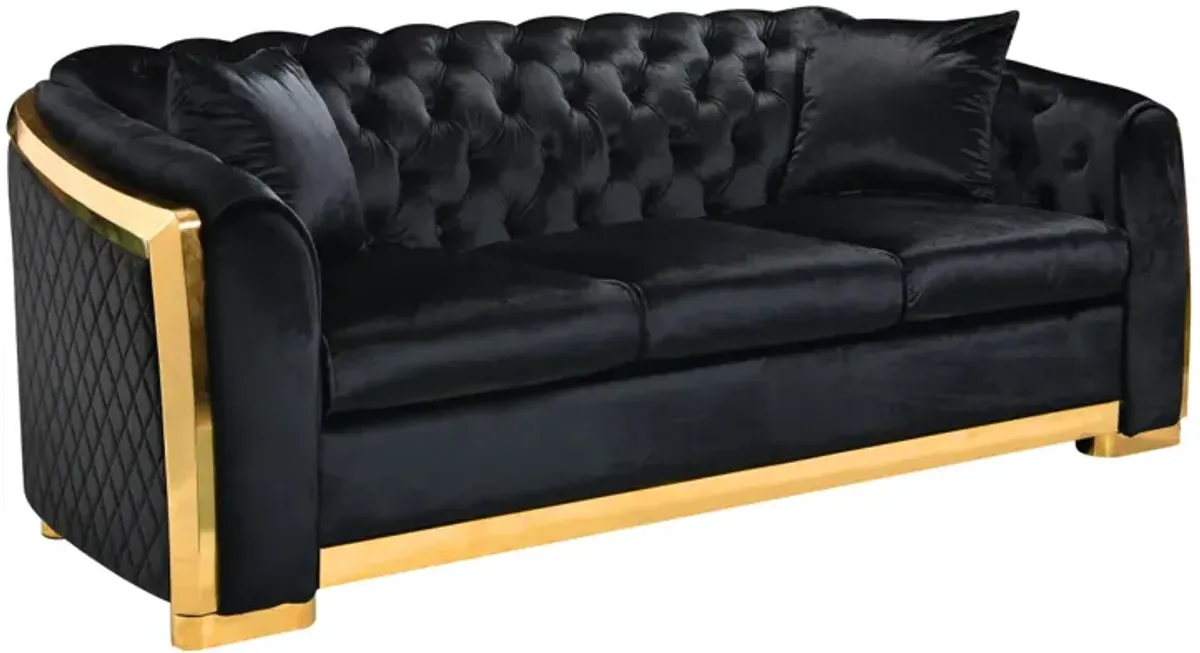 Tufted Velvet Sofa Set, Black with Gold Stainless