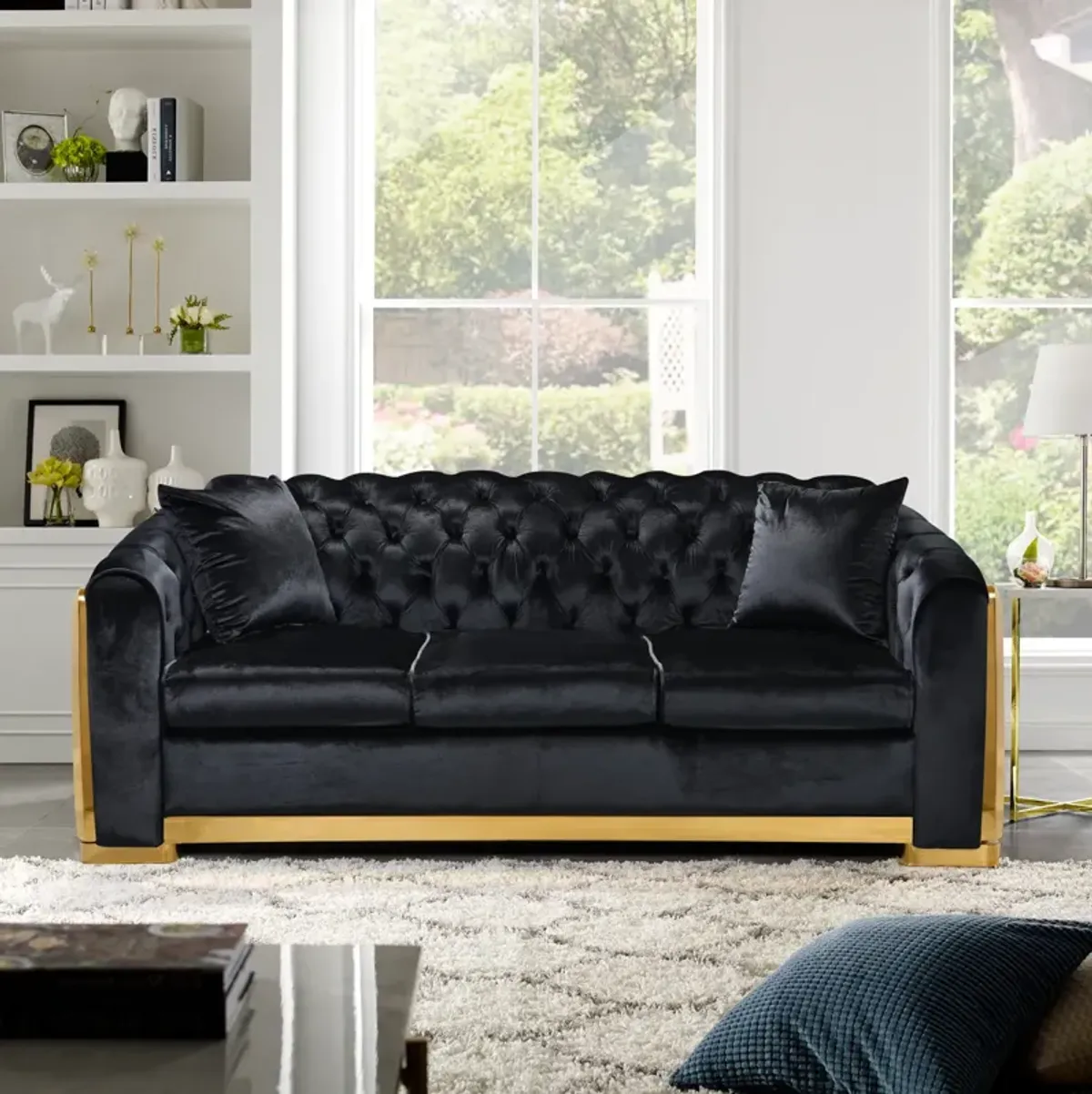 Tufted Velvet Sofa Set, Black with Gold Stainless