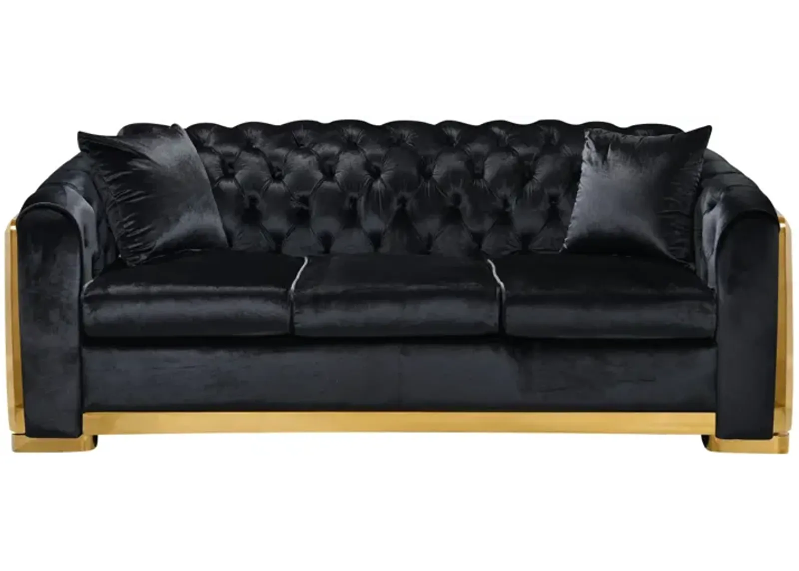 Tufted Velvet Sofa Set, Black with Gold Stainless