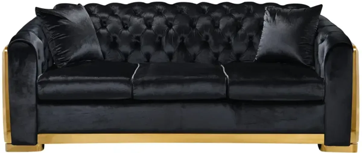 Tufted Velvet Sofa Set, Black with Gold Stainless