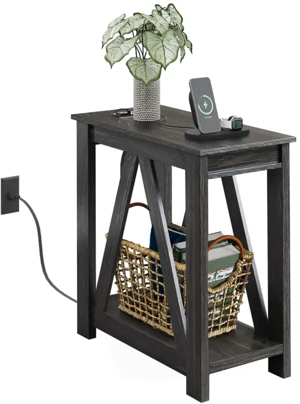 WLIVE Narrow End Table with Charging Station of Open Storage Shelf, Sofa Side Table with 2 USB Ports and 2 Power Outlets, Slim F