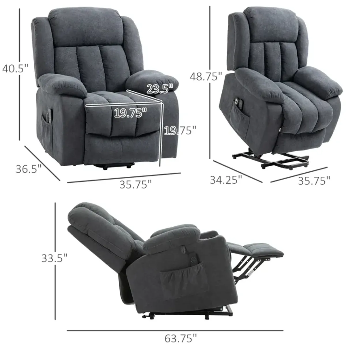 Grey Senior Comfort: Big & Tall Electric Lift Recliner with Massage