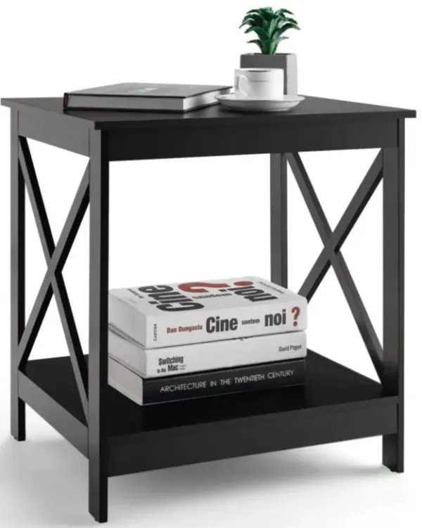 2-Tier Side Table with X-shape Design and 4 Solid Legs