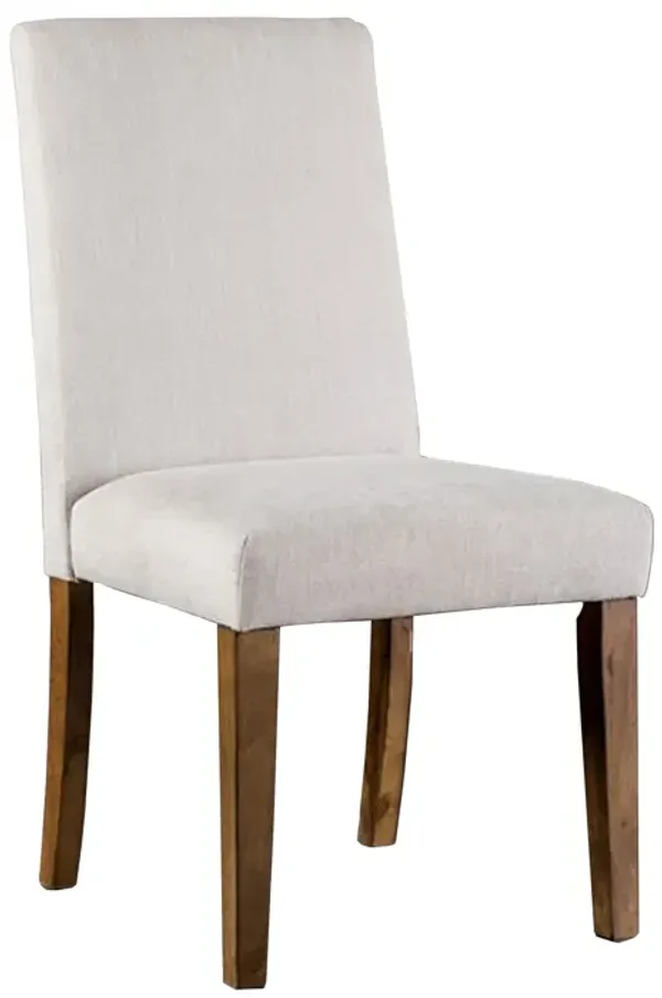 Jule Side Chairs Set of 2, Brown Solid Wood, Soft White Fabric Upholstery - Benzara