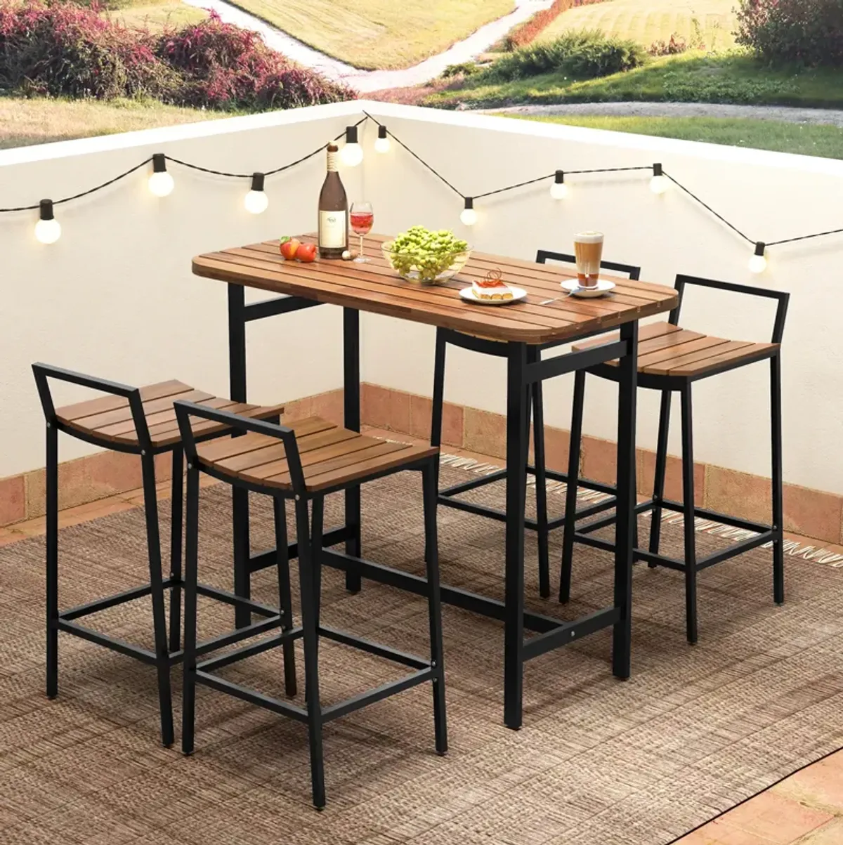 5 Piece Acacia Wood Bar Table Set Bar Height Table and Chairs with Metal Frame and Footrest