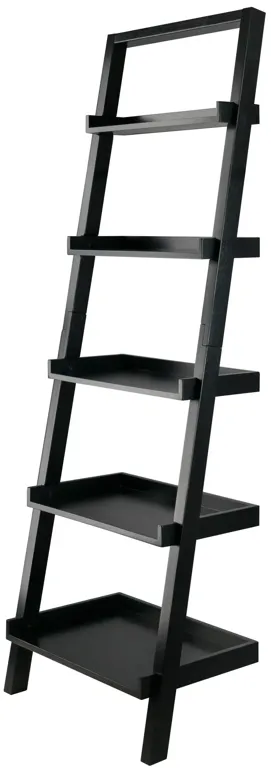 Ergode Wood Bellamy Leaning Shelf - Sleek & Stylish Space-Saving Solution with 5 Tiers of Open Shelves - Black Finish - Easy Assembly & Wall Attachment