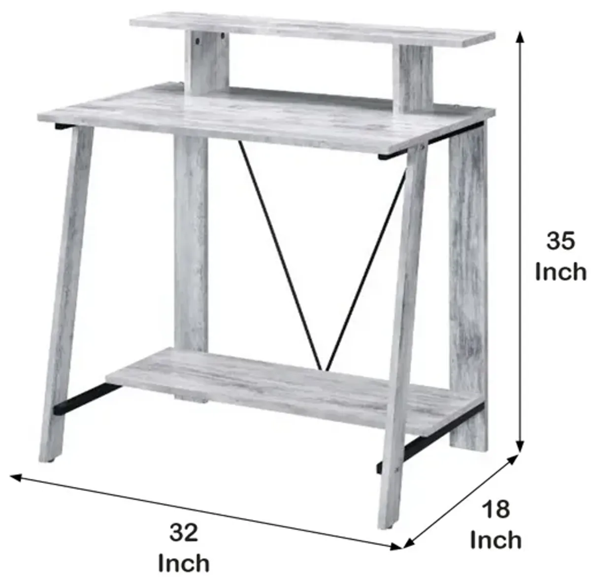 Writing Desk with V Shaped Frame, Antique White and Black-Benzara