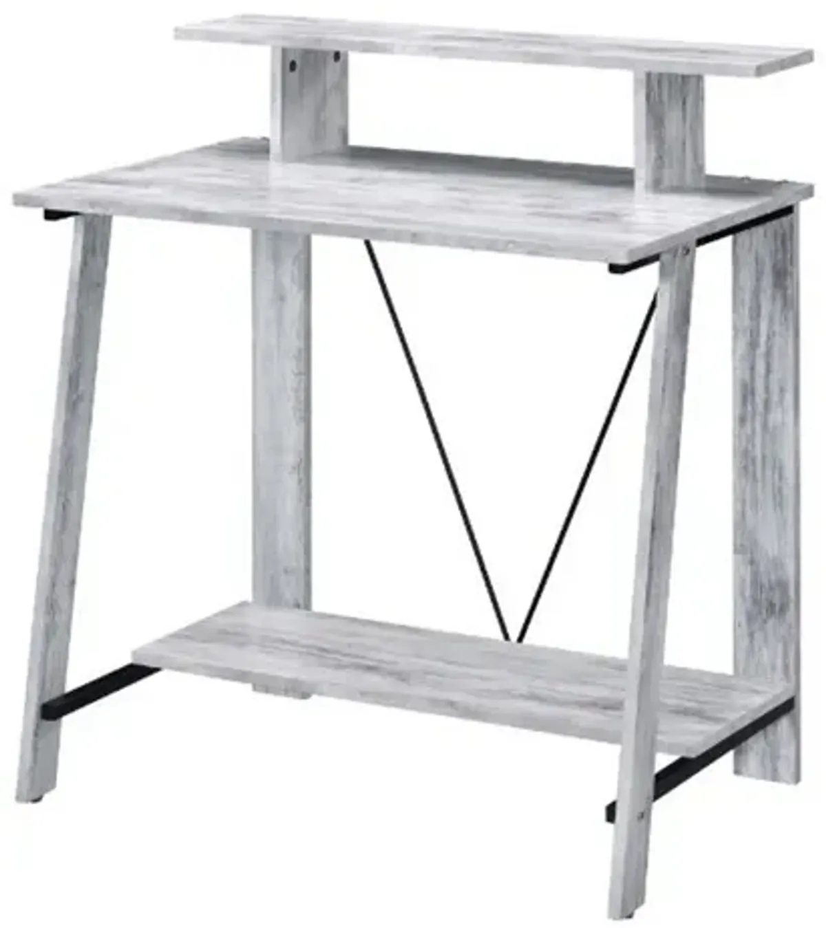 Writing Desk with V Shaped Frame, Antique White and Black-Benzara