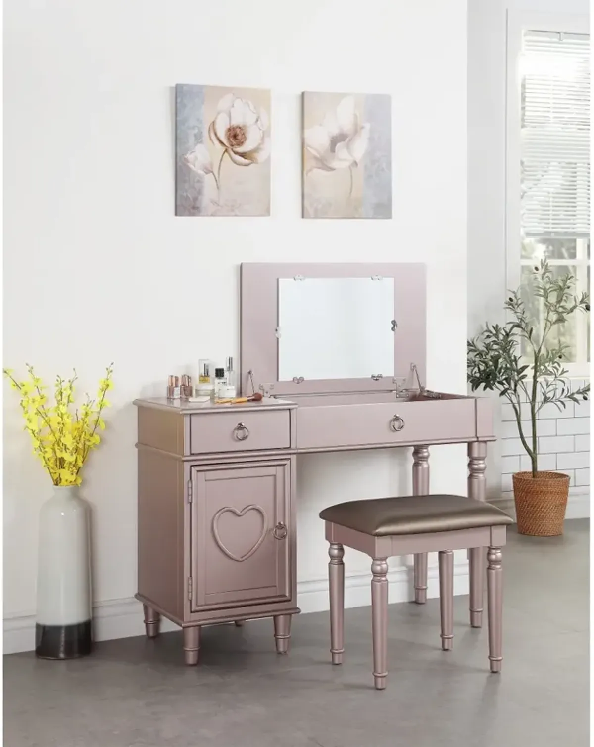 Rose Vanity Set with Mirror, Stool & Storage