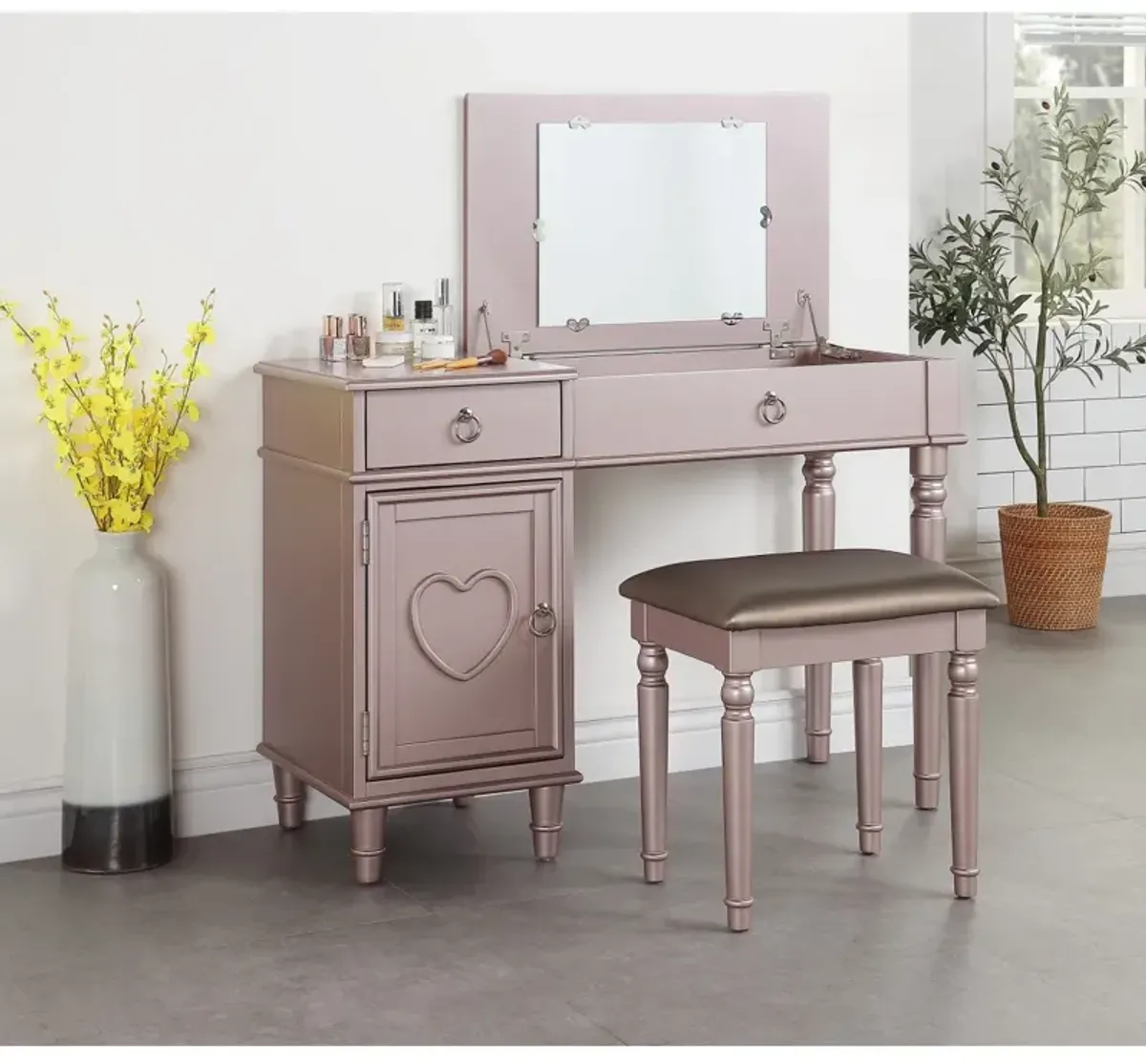 Rose Vanity Set with Mirror, Stool & Storage