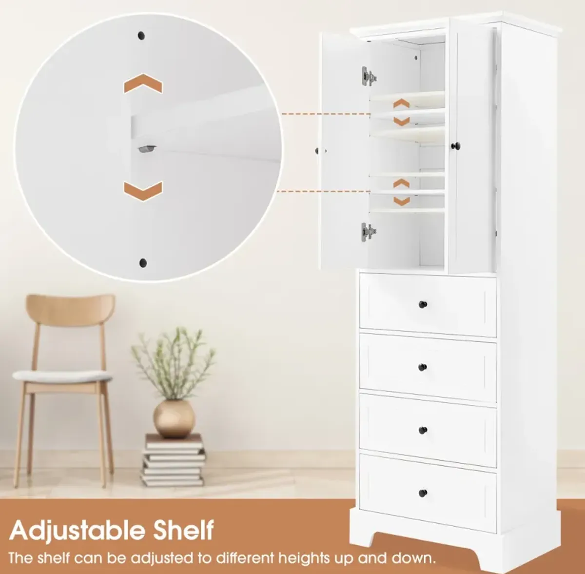 White Storage Cabinet with 2 Doors, 4 Drawers, Adjustable Shelf