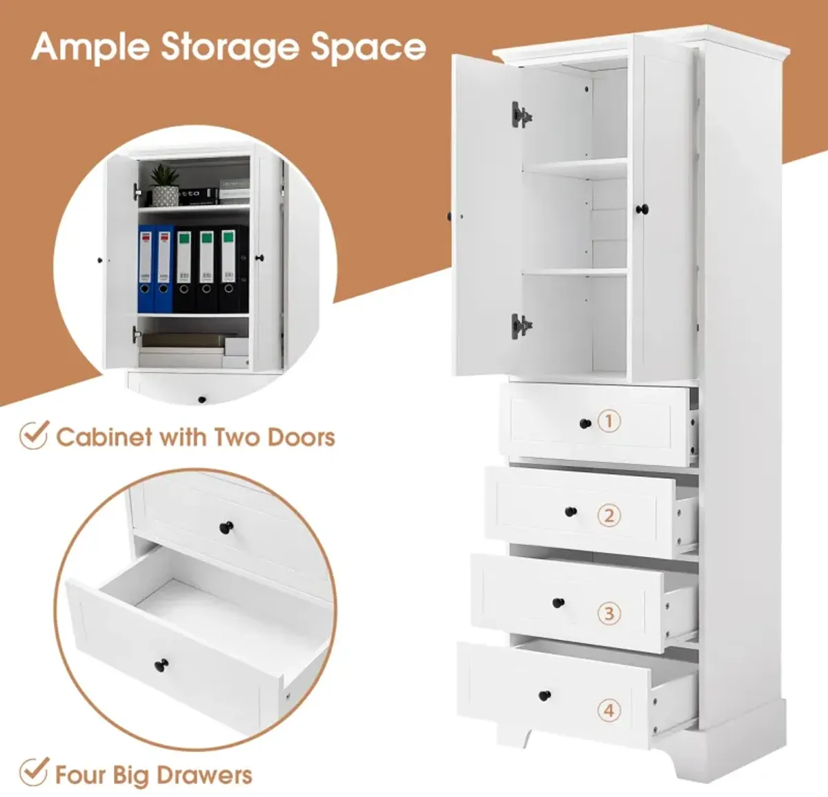 White Storage Cabinet with 2 Doors, 4 Drawers, Adjustable Shelf