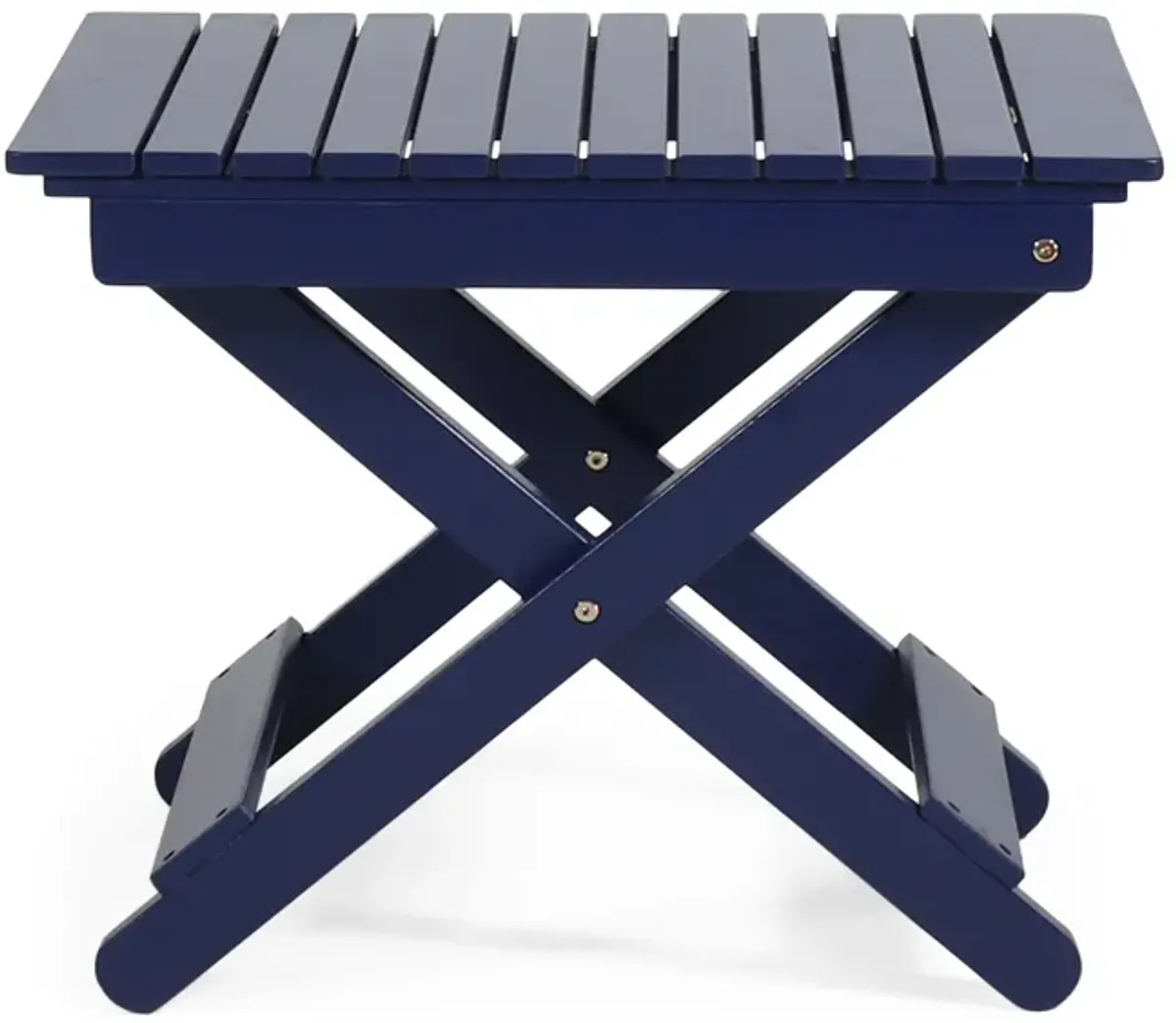 Kyre Outdoor Side Table, Foldable Slatted 23 Inch, Navy Blue Acacia Wood - Benzara