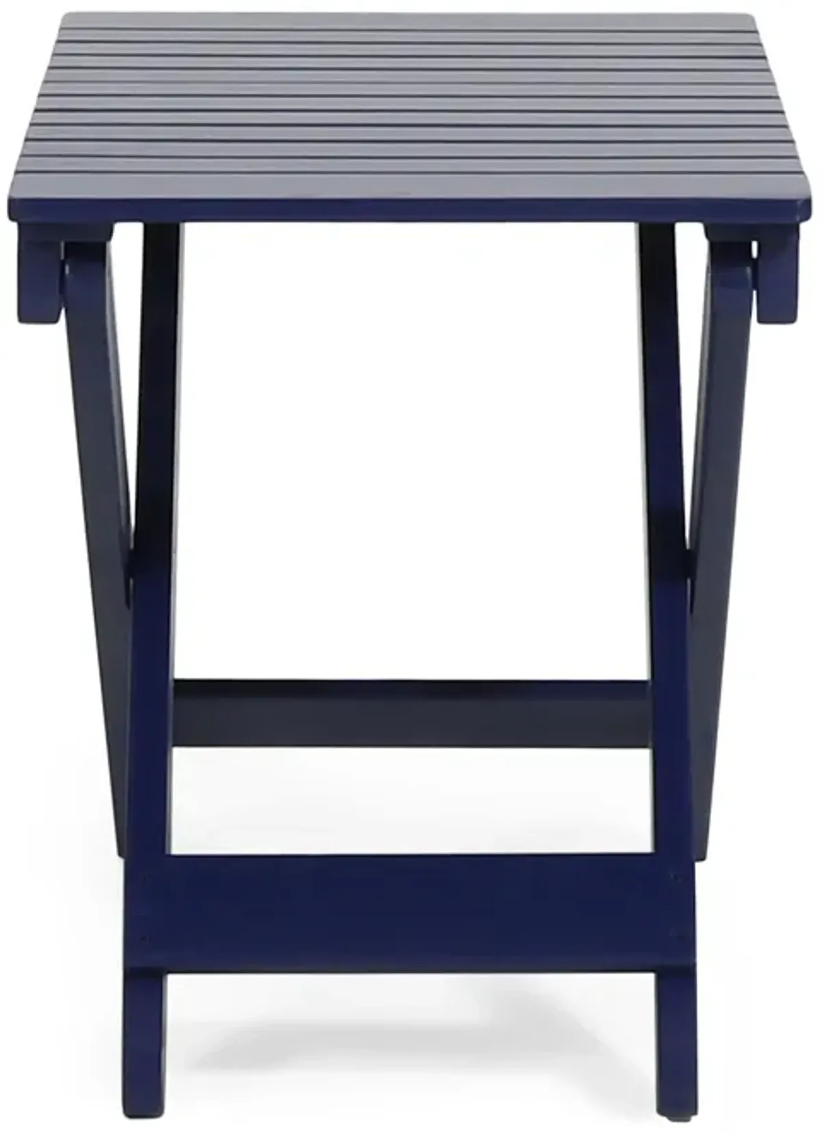 Kyre Outdoor Side Table, Foldable Slatted 23 Inch, Navy Blue Acacia Wood - Benzara