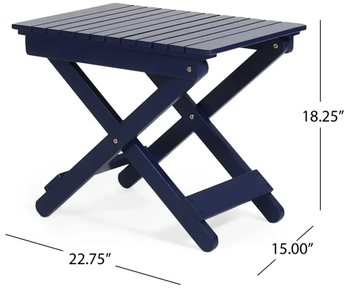 Kyre Outdoor Side Table, Foldable Slatted 23 Inch, Navy Blue Acacia Wood - Benzara