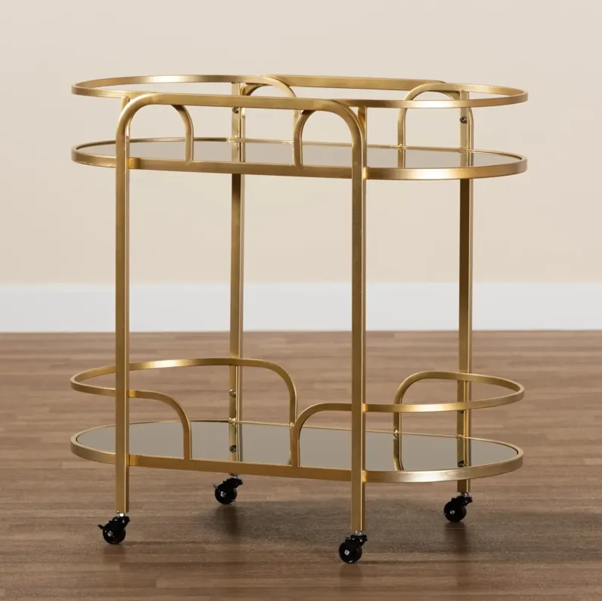 Baxton Studio Leighton and Luxe Gold Metal and Tempered Glass 2-Tier Wine Cart