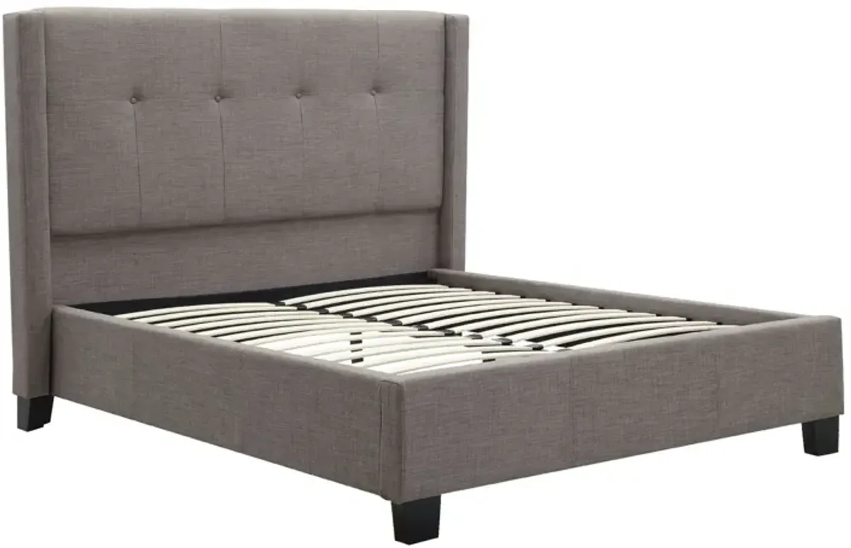 Adams Low Profile Queen Bed, Piped Edges, Tufted Linen, Gray - Benzara