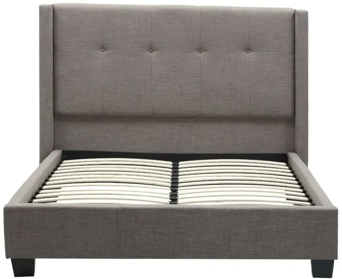 Adams Low Profile Queen Bed, Piped Edges, Tufted Linen, Gray - Benzara