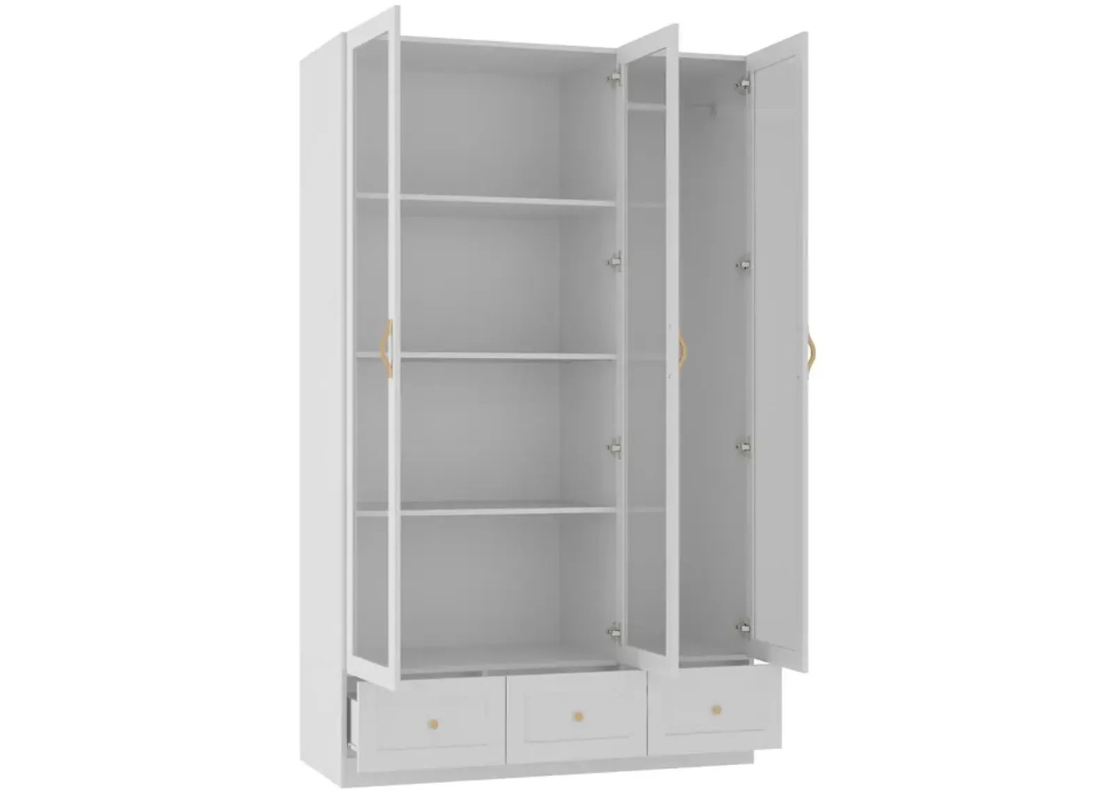 White Wood 47.2 in. W Tempered Glass Doors Armoires Wardrobe with Hanging Rods, 3-Drawers, Gold handles 78.7 in. H