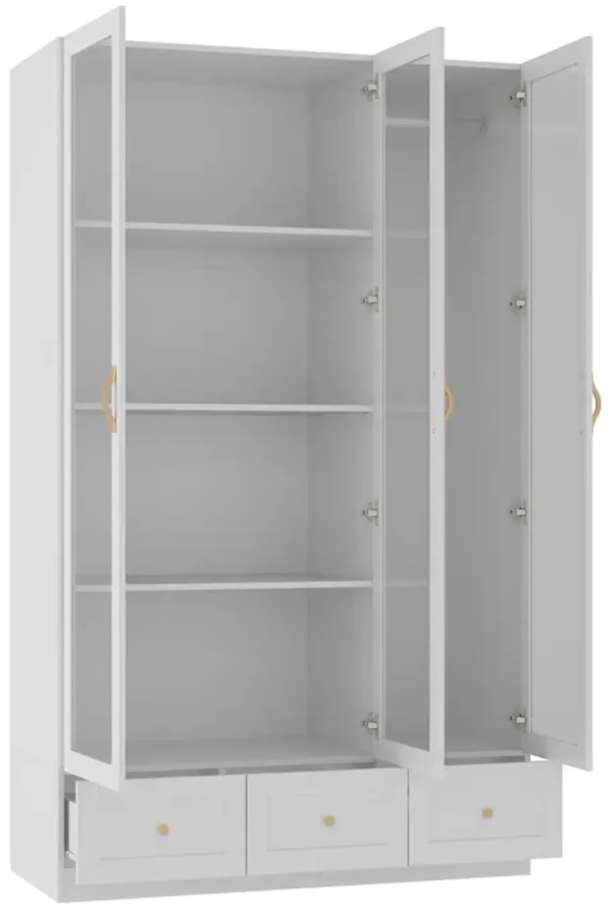 White Wood 47.2 in. W Tempered Glass Doors Armoires Wardrobe with Hanging Rods, 3-Drawers, Gold handles 78.7 in. H