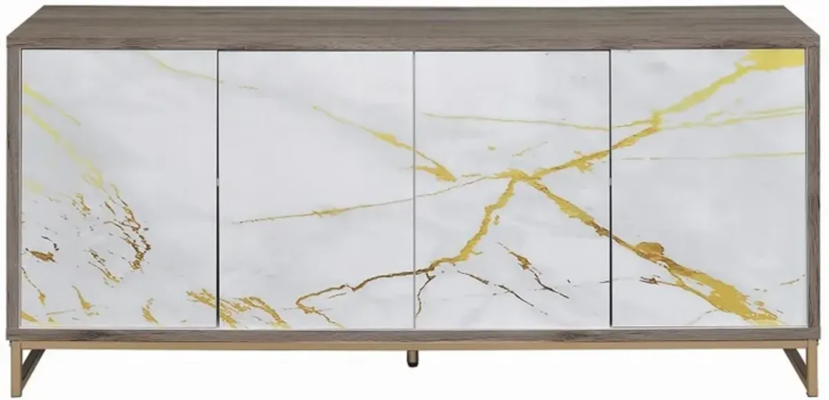 Avia Sideboard Console Cabinet, White Marble Look 4 Door Brown 65 Inch - Benzara