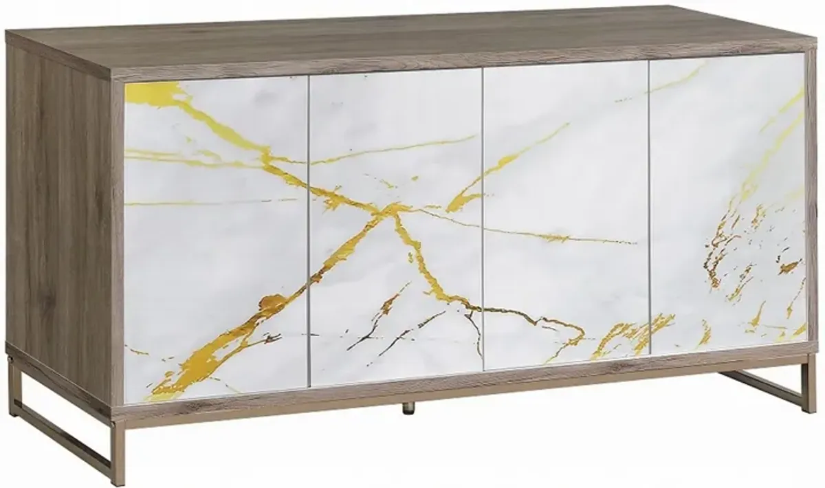 Avia Sideboard Console Cabinet, White Marble Look 4 Door Brown 65 Inch - Benzara