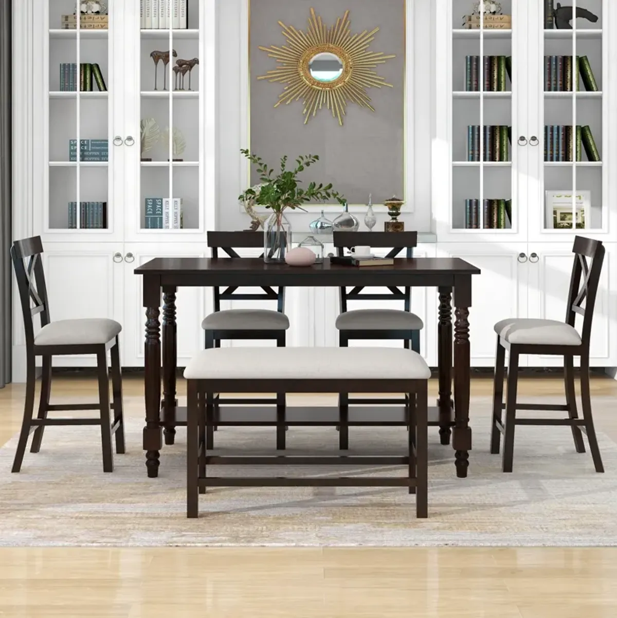 Merax 6-Piece Counter Height Dining Table with Chairs  and Bench Set