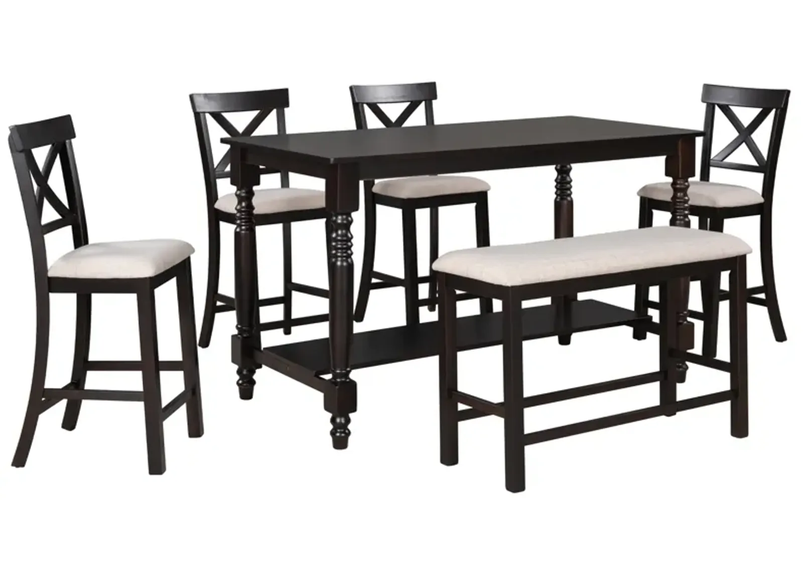 Merax 6-Piece Counter Height Dining Table Set Table with Shelf 4 Chairs and Bench for Dining Room