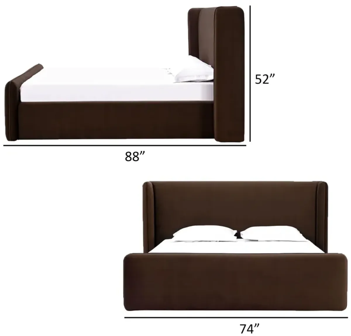 Baca Full Platform Bed, Velvet Upholstery, Wingback Headboard, Brown - Benzara