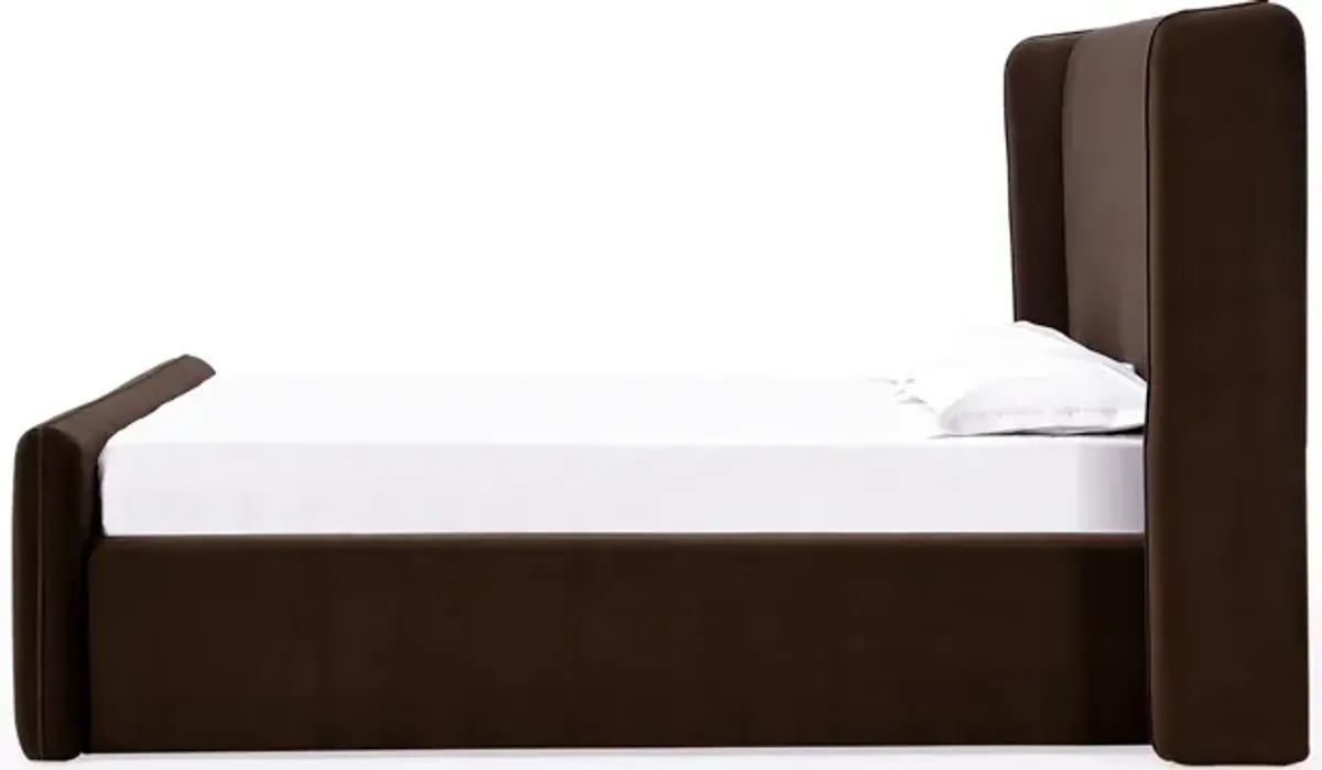 Baca Full Platform Bed, Velvet Upholstery, Wingback Headboard, Brown - Benzara