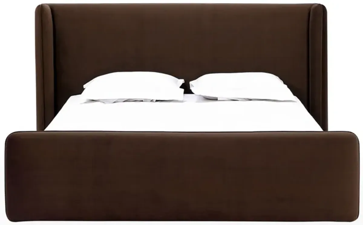 Baca Full Platform Bed, Velvet Upholstery, Wingback Headboard, Brown - Benzara