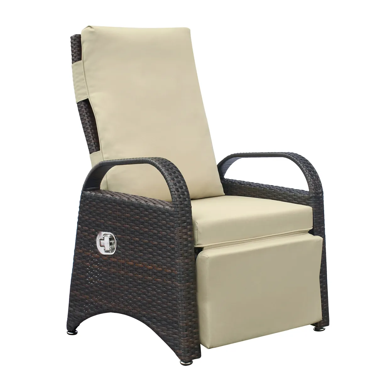 Outdoor Recliner Chair, PE Wicker Adjustable Reclining Lounge Chair and Removable Soft Cushion, with Modern Armchair and Ergonomic for Home, Sunbathing or Relaxation (Khaki)