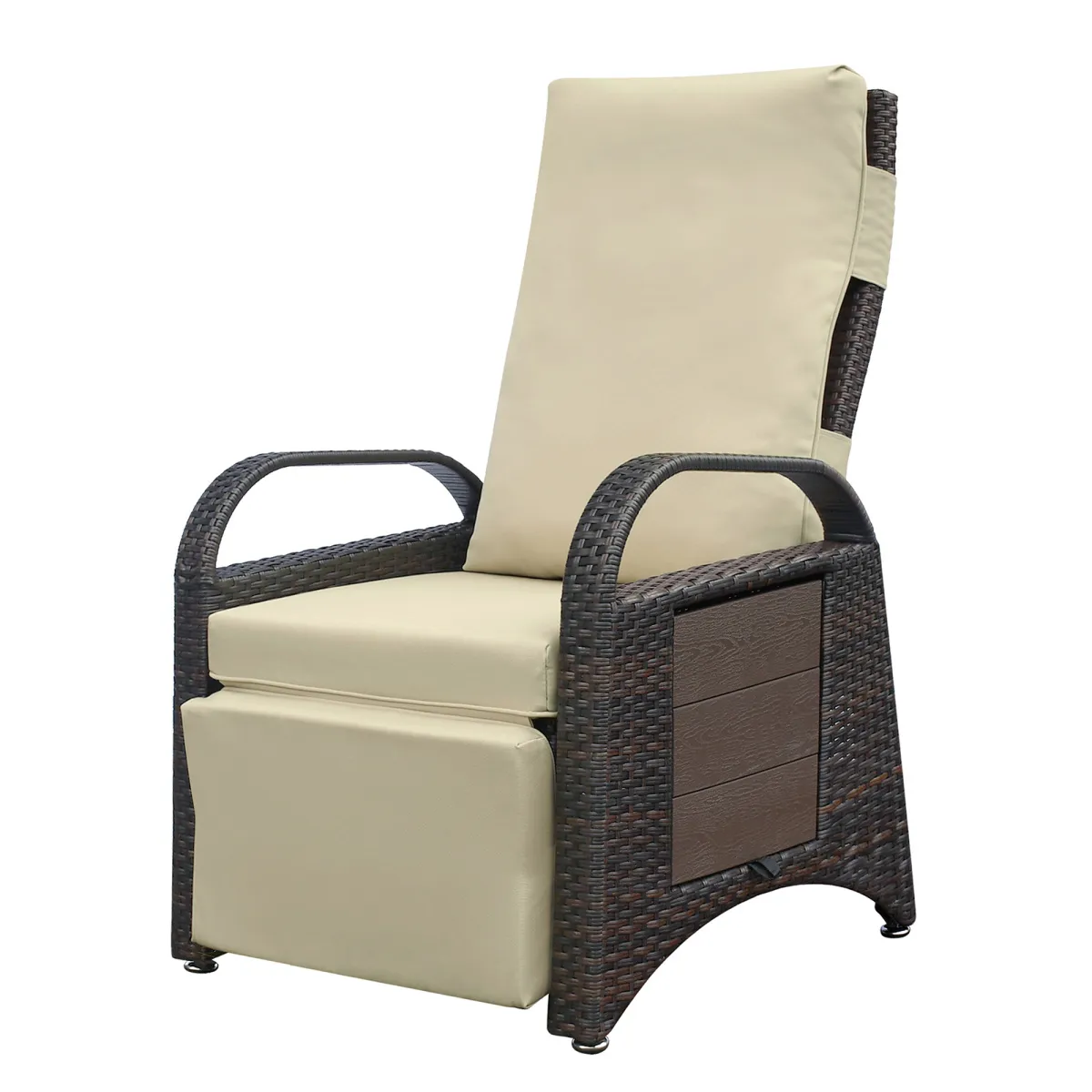 Outdoor Recliner Chair, PE Wicker Adjustable Reclining Lounge Chair and Removable Soft Cushion, with Modern Armchair and Ergonomic for Home, Sunbathing or Relaxation (Khaki)