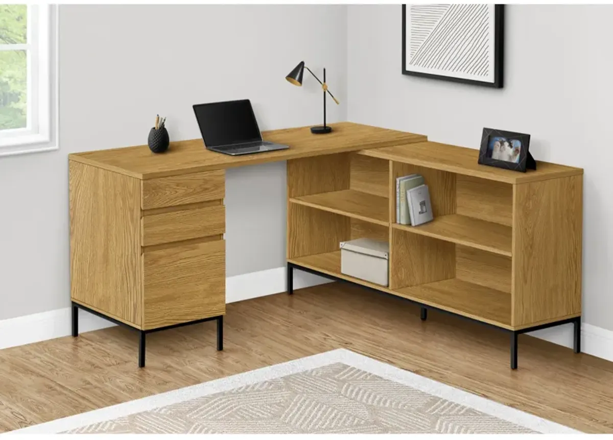 Computer Desk, Home Office, Corner, Storage Drawers, 60"L, L Shape, Work, Laptop, Metal, Laminate, Brown, Black, Contemporary, Modern