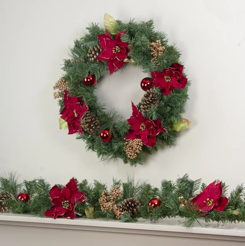 6' x 10" Pine and Poinsettias Artificial Christmas Garland - Unlit