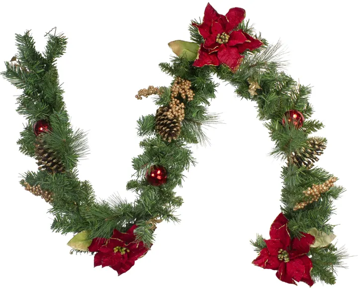 6' x 10" Pine and Poinsettias Artificial Christmas Garland - Unlit