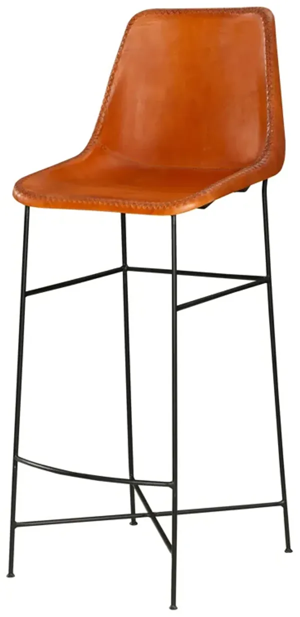 Bar Height Chair with Genuine Leather Upholstery, Tubular Frame, Tan Brown, Black-Benzara
