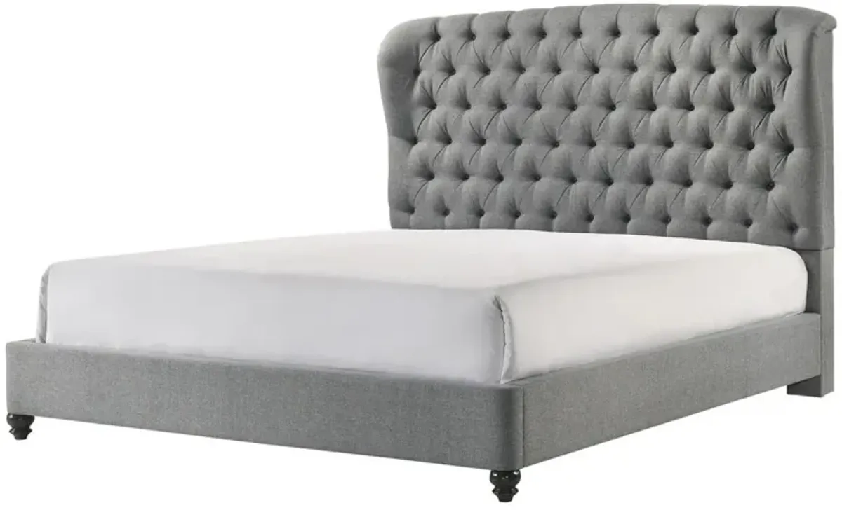 Benjara Kevin Queen Size Bed, Button Tufted, Gray Fabric Upholstery, Low Profile