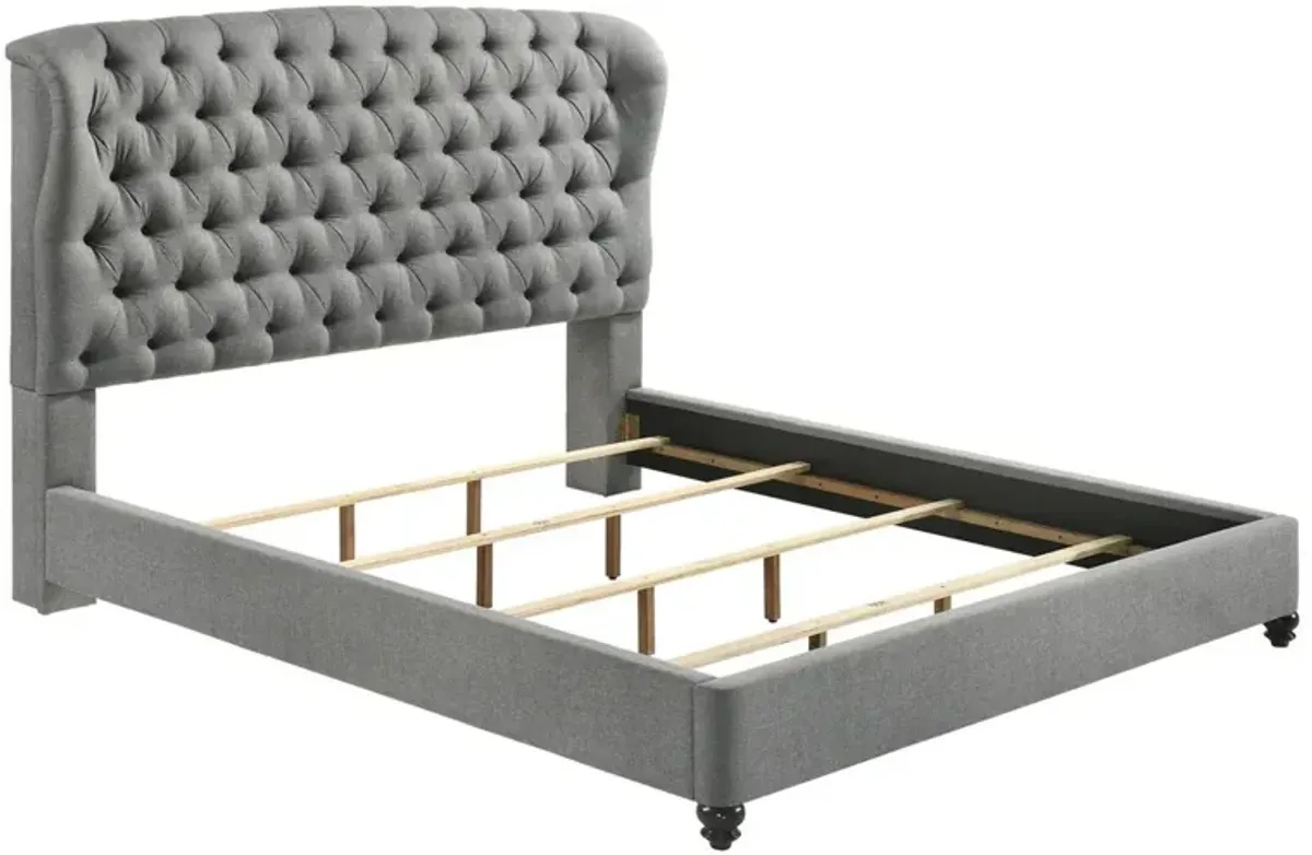 Benjara Kevin Queen Size Bed, Button Tufted, Gray Fabric Upholstery, Low Profile