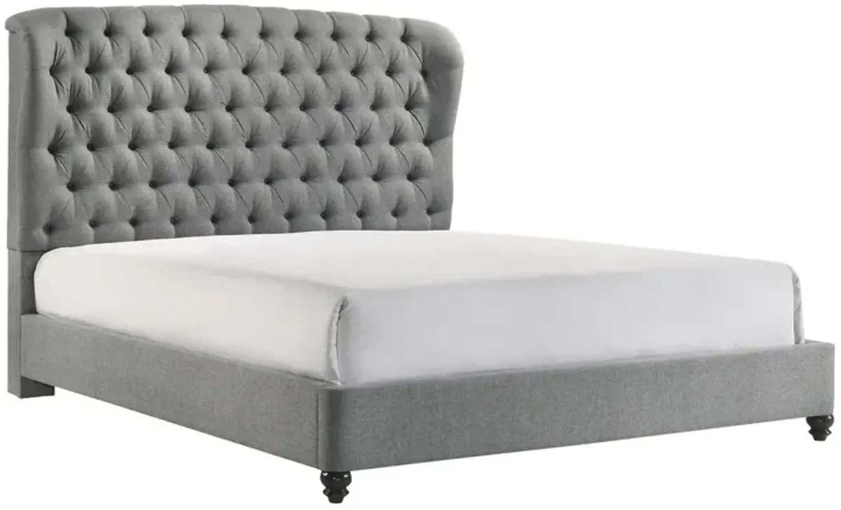 Benjara Kevin Queen Size Bed, Button Tufted, Gray Fabric Upholstery, Low Profile