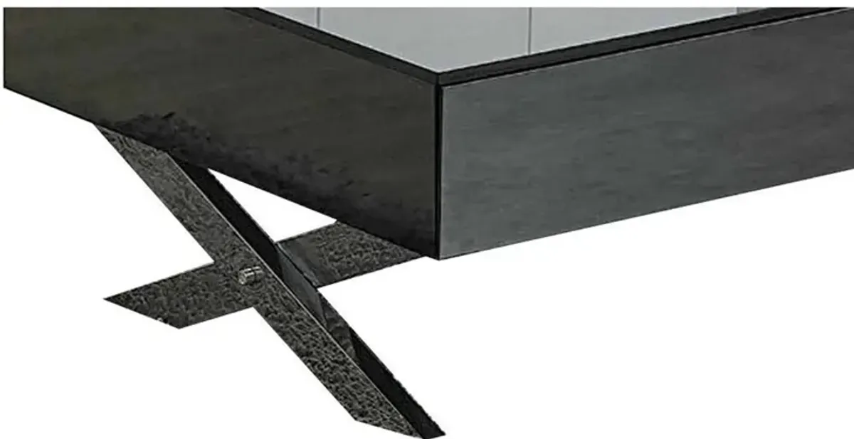 Tika 51 Inch 2 Drawer Coffee Table, Mirrored Glass Top, Cross Legs, Black - Benzara