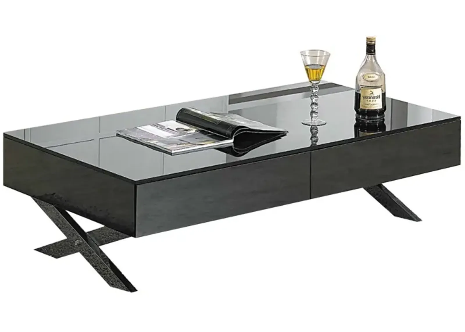 Tika 51 Inch 2 Drawer Coffee Table, Mirrored Glass Top, Cross Legs, Black - Benzara