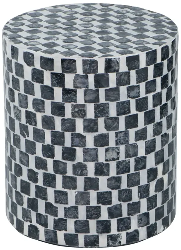 16 Inch Accent Stool Table, Drum Shape, Wood With Mosaic, White, Black-Benzara